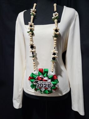 Beaded Graduation Necklace with Green, Red & White Ribbon Accent - Class of 2026
